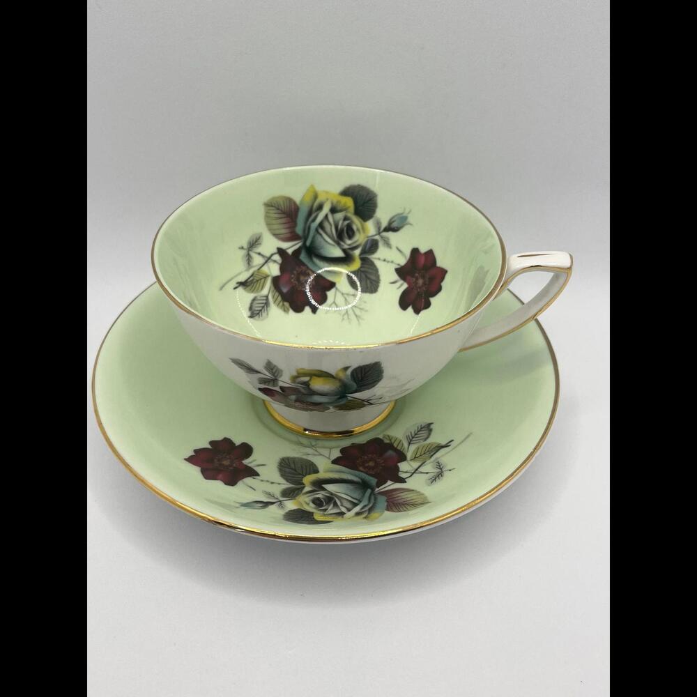 Royal Stafford Teacup & Saucer Set | Mint Green with Red Roses | Vintage set